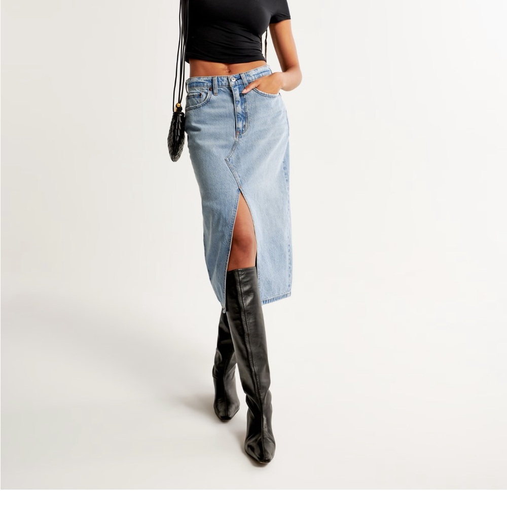 Denim Midi Skirt with Front Slit